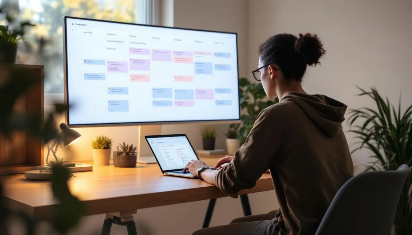 The image depicts a person working alone at home, surrounded by a cluttered desk and a calendar displaying long work days, highlighting the challenges of remote work and the work-life balance struggles faced by many remote workers. This scene reflects the remote work paradox, where despite flexible work arrangements, employees often find themselves logging longer hours, impacting their mental health and overall well-being.